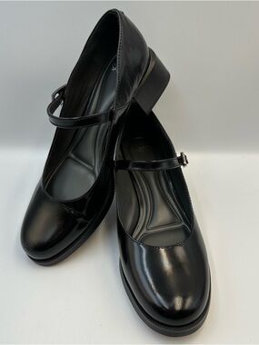 Sarto Pesara Black Mary Jane Leather Shiny Womens 8M Buckle Block Heel Call Out